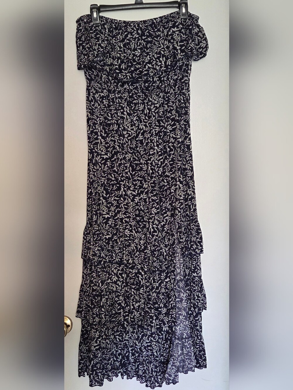 Womens Navy, White And Green, Leaf Print Tiered Strapless Ruffle Dress